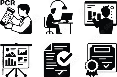 Solid icon set of medical researcher, isolated vector graphics, PCR kit, cell culture hood, statistical software license, conference poster, laboratory and research tools