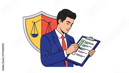 High-Quality Black Outline Colorful Art of Professional Checking Checklist on Clipboard with Shield Icon, Symbolizing Law Compliance and Ethics, Minimal Clean Composition on White Background