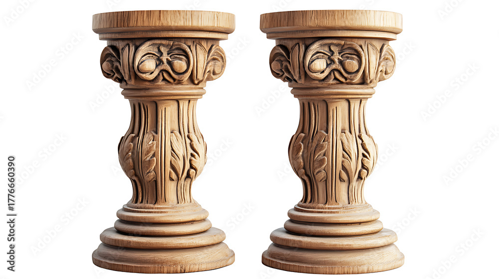 Pair of antique carved wooden decorative pedestals or columns with classical floral scroll motif for displaying art objects or statues studio shot isolated on transparent background