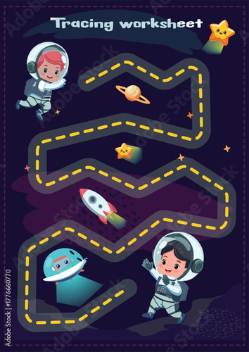 trace line page game for kids with zigzags astronauts in space preschool tracing worksheet vector illustration