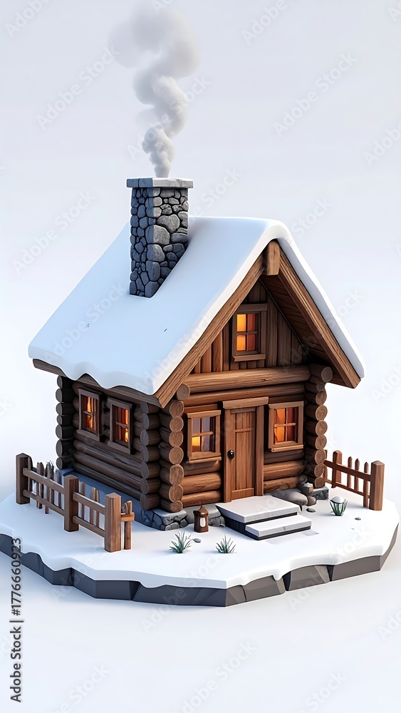 Naklejka premium Cute, stylized log cabin, snow-covered, 3D model