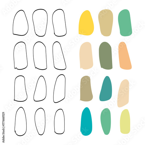 Organic Oval Shapes  Outline and Colorful. Empty  for text, Hand-drawn Vector Set