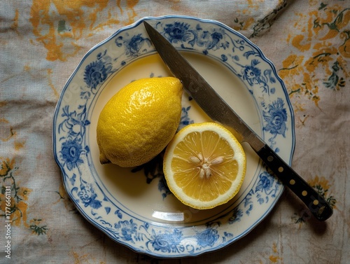 A sliced lemon laid on the traditional plate with a knife on the side.