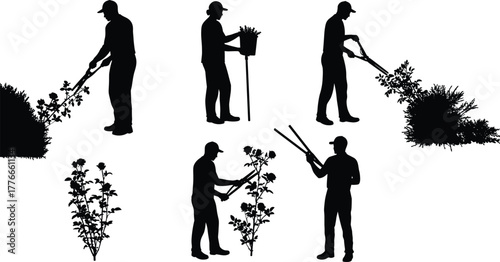 Silhouette gardener trimming bushes, pruning plants, potting flowers, horticulture worker with shears, landscaping maintenance, gardening activity icons, plant care illustration,