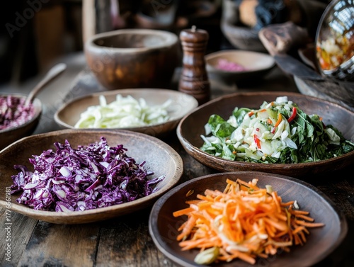 A various salads in the dishes.