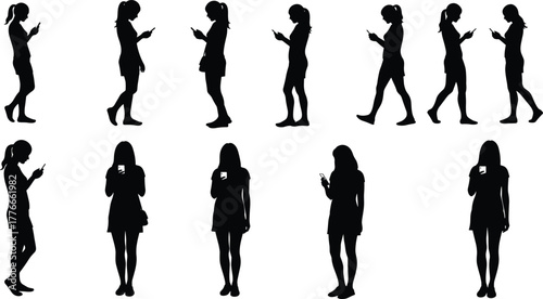 Silhouette people using smartphone, mobile phone addiction concept, modern digital lifestyle, technology dependence, posture variation, communication device usage, social media engagement, 