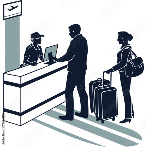 A man checking in at an airport counter with two employees standing behind the counter with luggage