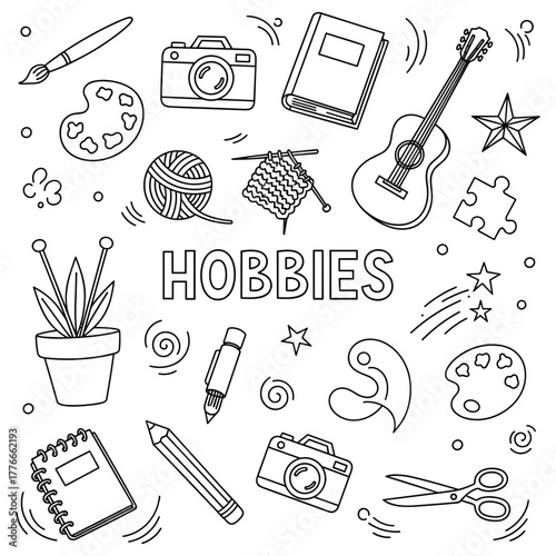 Creative hobbies doodle: art, craft, music, and photography icons