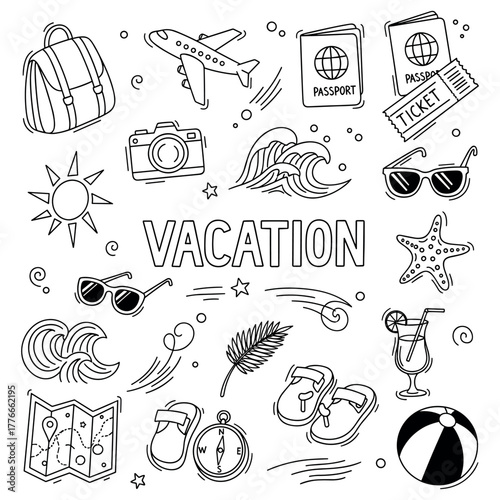 Vacation icons: travel, beach, adventure, relaxation, exploration, adventure