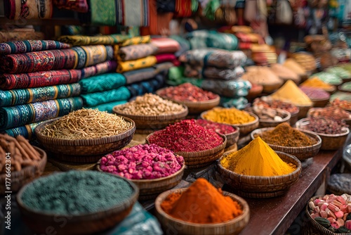 Fototapeta Naklejka Na Ścianę i Meble -  Traditional spice market with colorful fabrics and exotic aromas in Southeast Asia