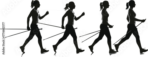 Nordic walking silhouette sequence, fitness exercise illustration, outdoor activity posture, healthy lifestyle training, trekking pole technique, sport movement demonstration, 