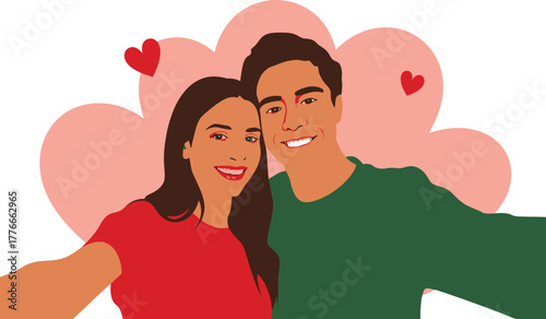 Elegant Smiling Couple Taking Selfie Heart Shapes Vector Illustration