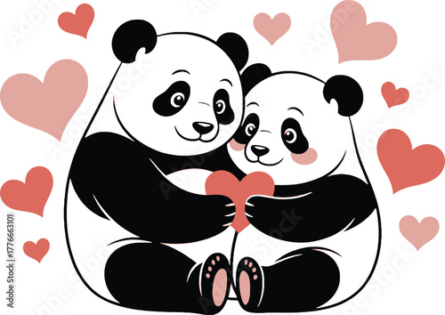 Elegant Two Cute Panda Bears Hugging Hearts Vector Illustration