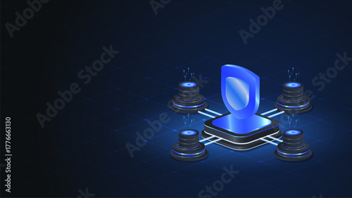 Isometric Cybersecurity Network Illustration with Digital Shield, Connected Servers, and Data Protection Technology