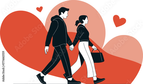 Elegant Walking Couple Holding Hands Hearts Vector Illustration