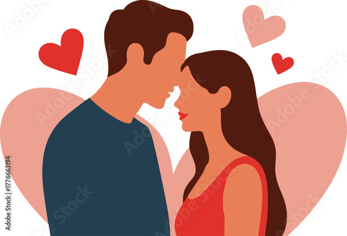 Elegant Young Loving Couple Silhouette Hearts Vector Illustration