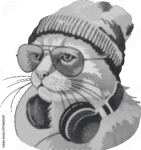 Black and white halftone portrait of a cat wearing a hat and sunglass feline animal.