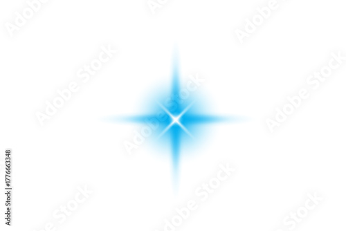 Glowing blue star with white sparkle, bokeh effect on transparent background. Blue flare, spotlight beam.