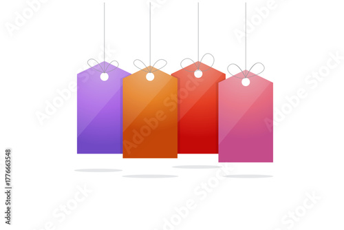 Vector illustration of four colorful hanging price tags with gradient shades of purple, orange, red, and pink.  Perfect for sale, discount, promotion, and shopping-themed designs.