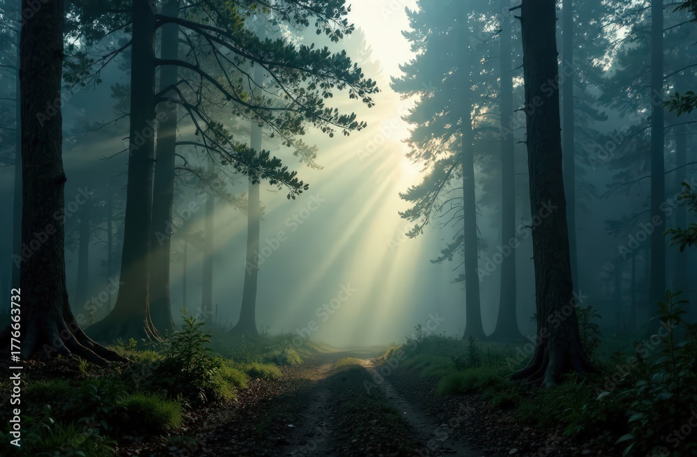 Obraz premium Forest at dawn with sunbeams breaking through the trees. High quality photo