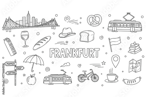 Frankfurt city doodles: skyline, food, transportation, and landmarks