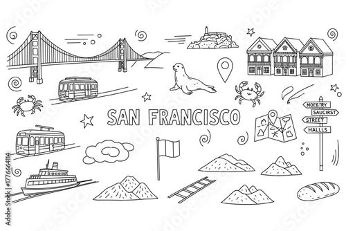 San francisco icons: golden gate bridge, cable cars, seals, and city landmarks doodle