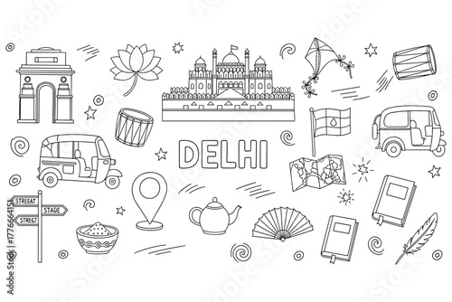 Doodle art of delhi landmarks and cultural symbols in black and white