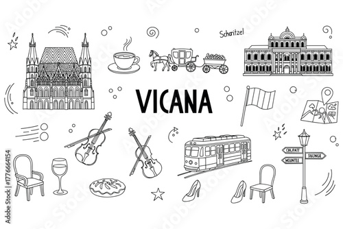 Vienna landmarks and culture: icons of austria's capital in line art