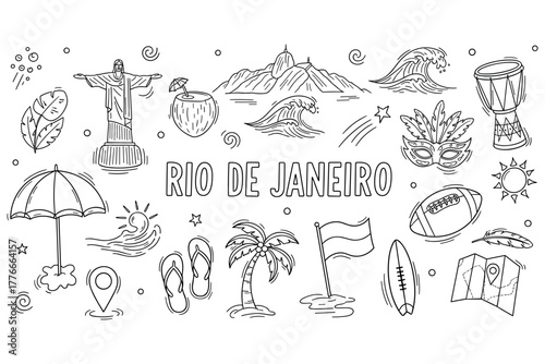 Rio de janeiro doodle art with iconic landmarks and cultural symbols