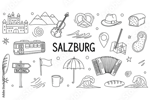 Hand-drawn salzburg icons featuring landmarks, food, and culture elements