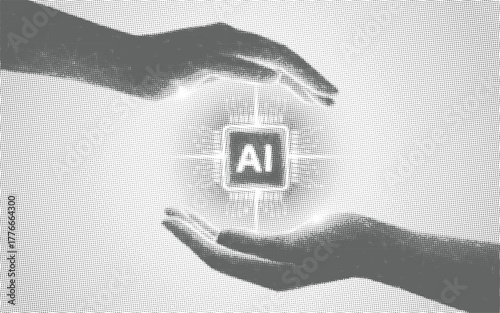 Halftone gray hands cradling artificial intelligence symbol vector.