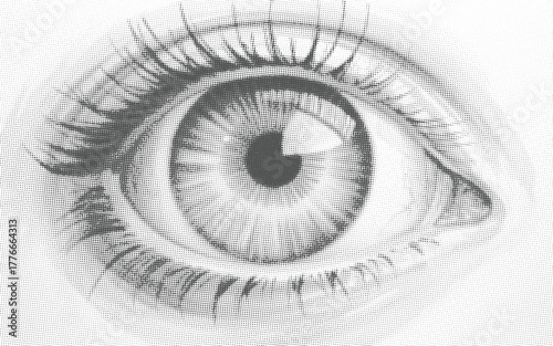 Halftone dot rendering of a human eye with detailed iris and lashes pupil eyelash.