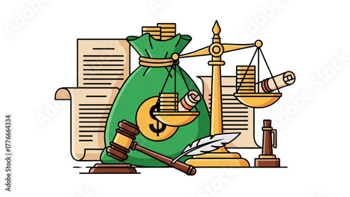 High-Quality Black Outline Colorful Art Combining Money Bag, Legal Scale, and Documents, Symbolizing Ethical Financial Practices and Law Compliance, Minimal Composition on White Background