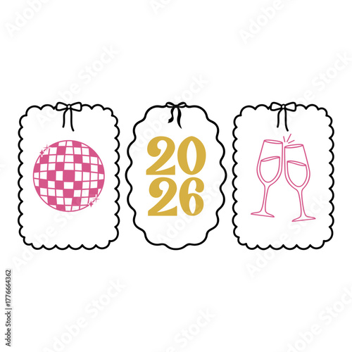 Coquette Bow Frame 2026 Design, Disco Ball, Champagne Glass