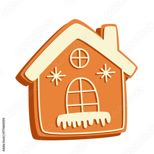 Gingerbread house. Ginger cookie, sweet Christmas snack. Winter holiday food, home shape with windows, sugar icing.