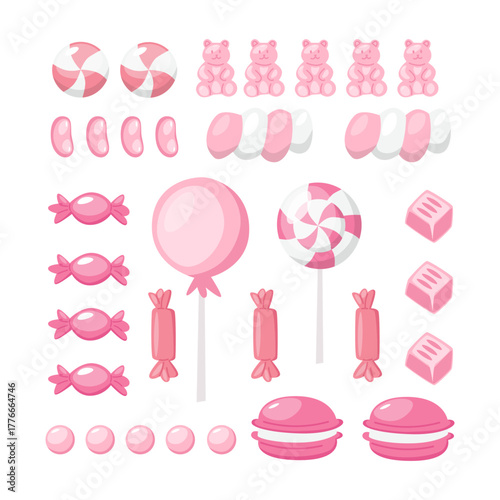 Sweets set. Swirl lollipop, lolly on stick, caramels in wrapper, bonbons, candy cane. Sugar snacks, confections.