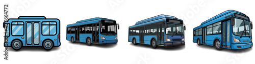 A collection of four blue cartoon buses with varying lengths brigt clipart on transparent background