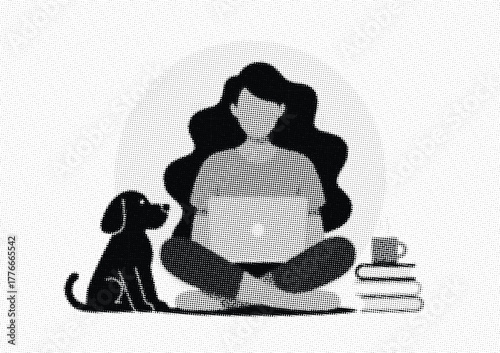 Halftone person with dog and books using laptop, coffee taste.