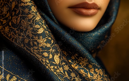 Close-up of woman's teal headscarf