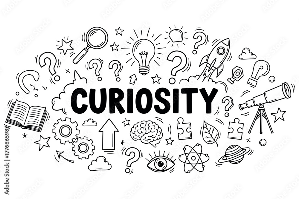 Fototapeta premium Curiosity concept with doodles of lightbulbs, rockets, telescopes, and magnifying glasses