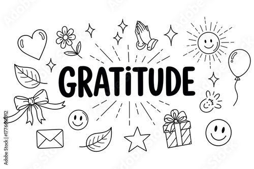 Gratitude concept with hand-drawn icons: smiles, sun, gifts, hearts, stars, balloons