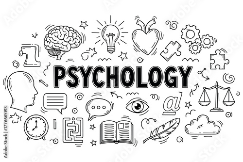 Psychology concept with brain, lightbulb, heart, and scale illustrations