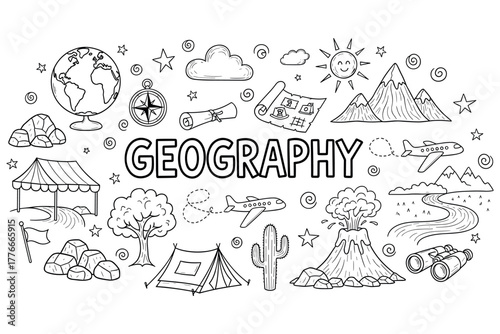Hand-drawn geography elements with maps, mountains, compass, and camping gear