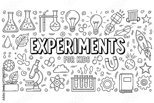 Fun science experiments for kids doodle with lab equipment and light bulb drawings