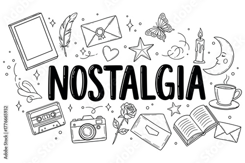 Nostalgia theme with vintage icons: cassette, camera, open book, and more