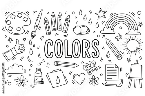 Artistic creativity: coloring elements and tools in doodle style illustration