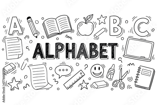 Hand-drawn alphabet with school supplies and informal doodles in black and white