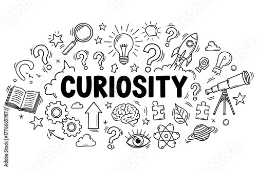 Curiosity concept with doodles of lightbulbs, rockets, telescopes, and magnifying glasses