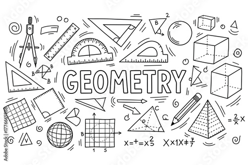 Geometry tools and shapes: ruler, compass, protractor, triangle, grid
