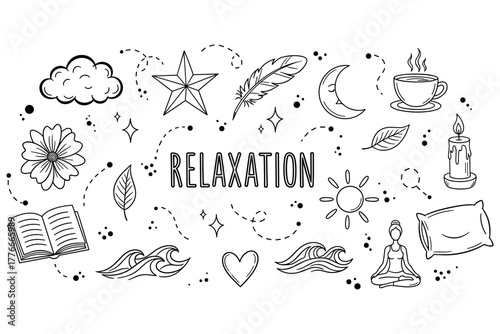 Relaxation doodle with stars, waves, and meditation symbols for stress relief